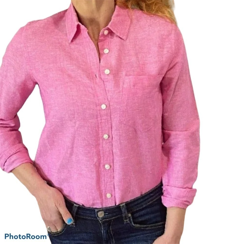 Banana Republic Fushia pink linen long sleeve button down shirt with col…